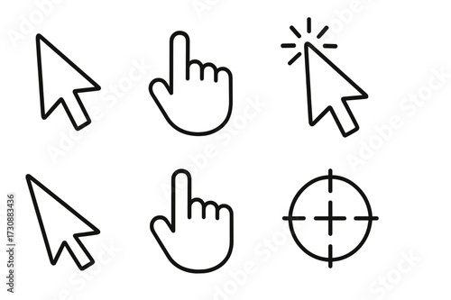 Cursor icons in various styles and designs for digital interfaces and graphic design applications