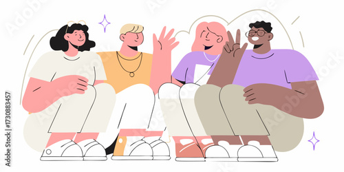 Diverse group of young friends sitting together and smiling with a friendly vibe