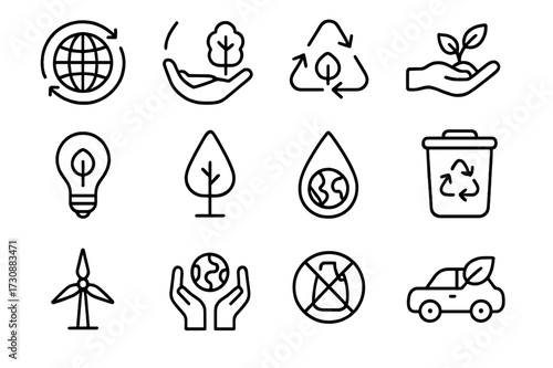 Environmental icons representing sustainability and eco-friendly practices in a simple and clear design