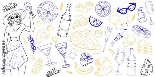 Whimsical doodle illustration of a woman enjoying food and drinks with summer picnic elements