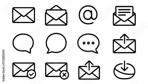 Different symbols related to messaging and email communication displayed in a grid format on a white background