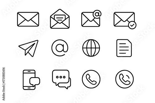 Icons for communication including email, messaging, and phone symbols in a simple design