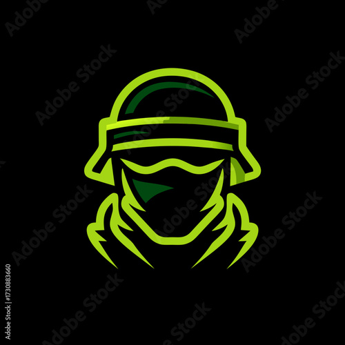 Neon green masked warrior in helmet, tactical soldier avatar with glowing effect on dark background, modern esport gaming logo design.