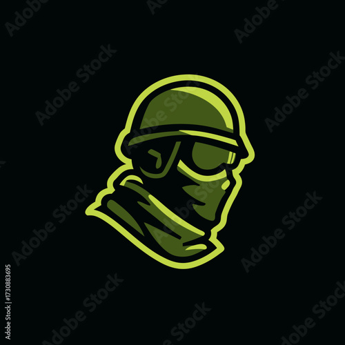 Green tactical operative avatar, military style head with helmet, face mask, and goggles illustration for gaming or security concepts.