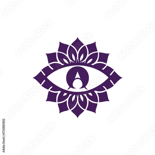 Purple mystic eye in a decorative lotus flower mandala, symbolizing spiritual vision, intuition, enlightenment, and consciousness on a white background.