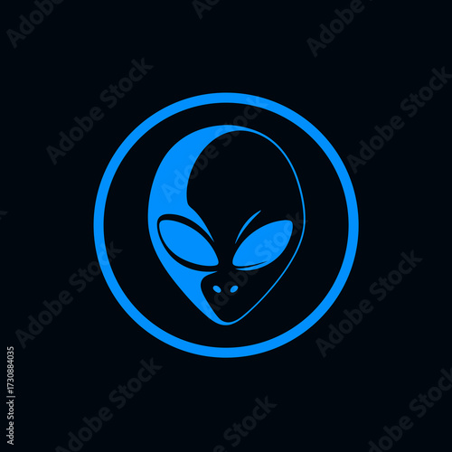 Blue Alien Head Icon: Extraterrestrial Symbol, Futuristic Sci-Fi Design on Dark Background, Mysterious Cosmic Avatar