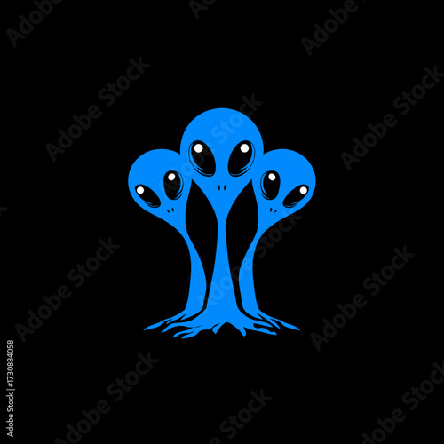 Stylized blue three-headed alien creature illustration with large eyes on a black background, sci-fi fantasy concept art