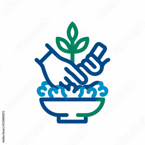Sustainable Agriculture and Healthy Food Icon with Hand, Plant Sprout, and Bowl for Organic Nutrition and Harvest