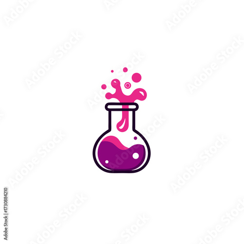 Vibrant chemical reaction in a laboratory flask with purple liquid bubbling and splashing, symbolizing scientific discovery and experimentation.