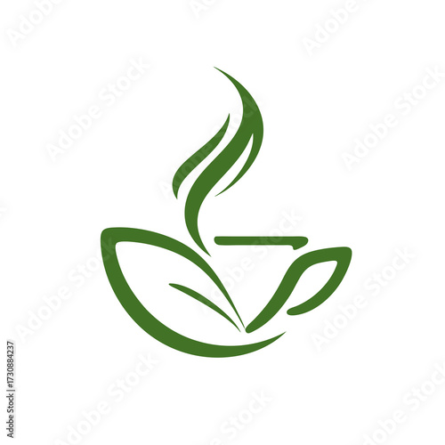 Stylized green tea cup icon with natural leaf design and rising steam, representing organic hot beverage and healthy lifestyle concept vector.