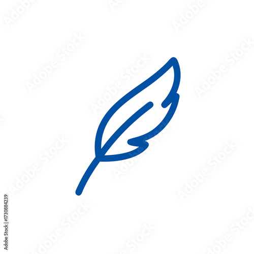 Minimalist blue feather outline icon, representing lightness, softness, creativity, or writing. Simple vector illustration.