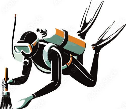 Scuba diver cleaning with a brush underwater diving