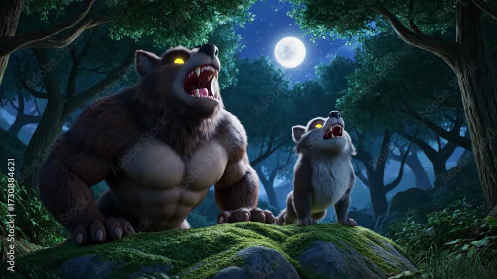 Cartoon Werewolves Howling at the Moon - This video depicts two cartoon ...