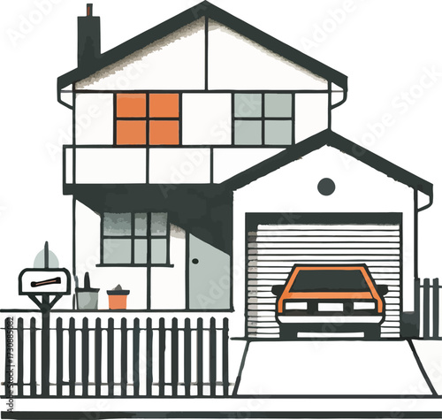 Stylized house with garage and orange car home automobile