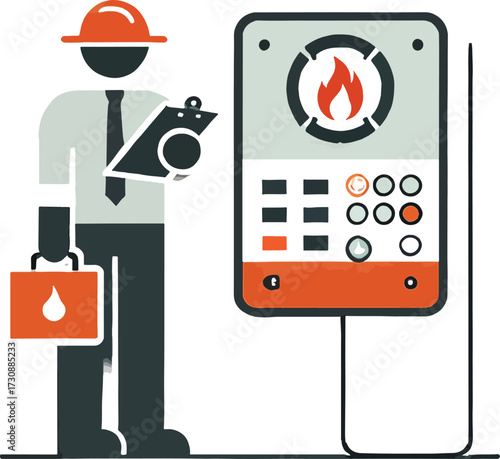 Technician inspecting a gas water heater with clipboard and toolbox
