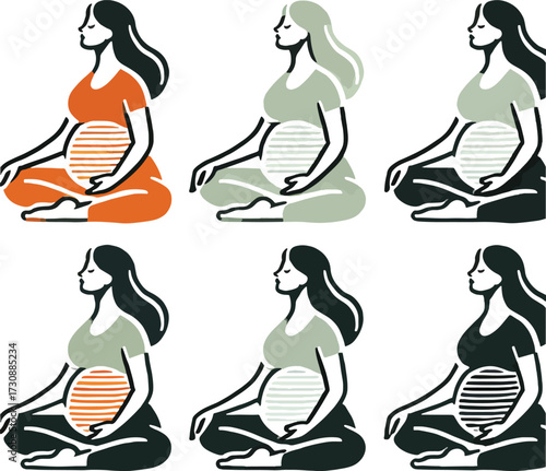 Six pregnant women meditating in different color variations