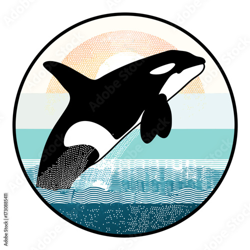 Vintage Orca Leaping from Ocean Waves with Textured Sunset Sky in Retro Circle Design. Wildlife Illustration.