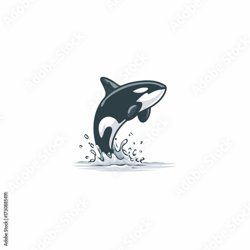 Playful cartoon killer whale jumping from ocean water with splash, marine mammal illustration, black and white graphic design