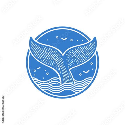 Blue whale tail emerging from ocean waves in a round frame, hand-drawn vintage style illustration with birds, marine life emblem.