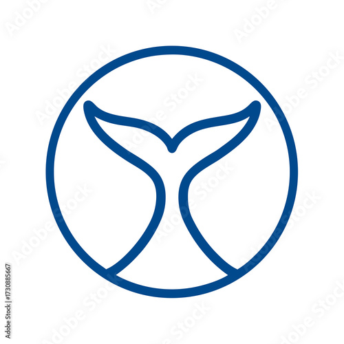 Minimalist blue whale tail outline icon in a circular frame. Graphic element for marine, ocean, and sea animal concepts.