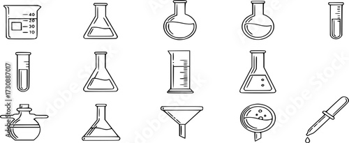 Laboratory glassware line icon set. Chemistry or science research lab equipment Beaker, flask, test tube for microbiology outline vector