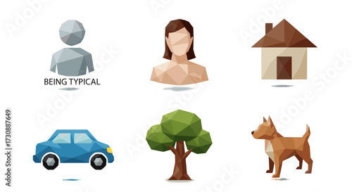 Low‑Poly Everyday Icons: Person, Woman, House, Car, Tree, Dog