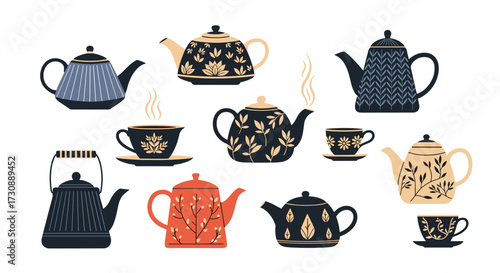 An illustrated collection of ornate teapots and cups in various sizes and designs.