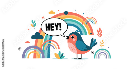A cute cartoon bird says hey with a rainbow in the background.