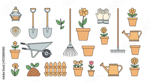 A collection of gardening tools and plants for an outdoor garden setting.