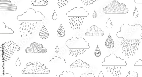A whimsical collection of hand drawn clouds and raindrops for a playful and artistic design.