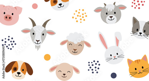 A charming collection of cute farm animal faces and colorful polka dots.