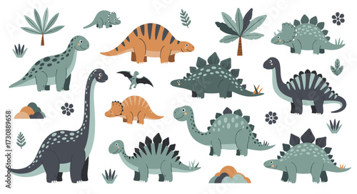 A charming collection of adorable cartoon dinosaurs and prehistoric plants for children.