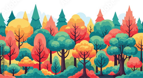 Vibrant forest landscape with diverse trees in a colorful autumn palette.
