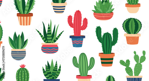 A vibrant collection of potted succulents and cacti in various colorful containers creating a playful pattern.