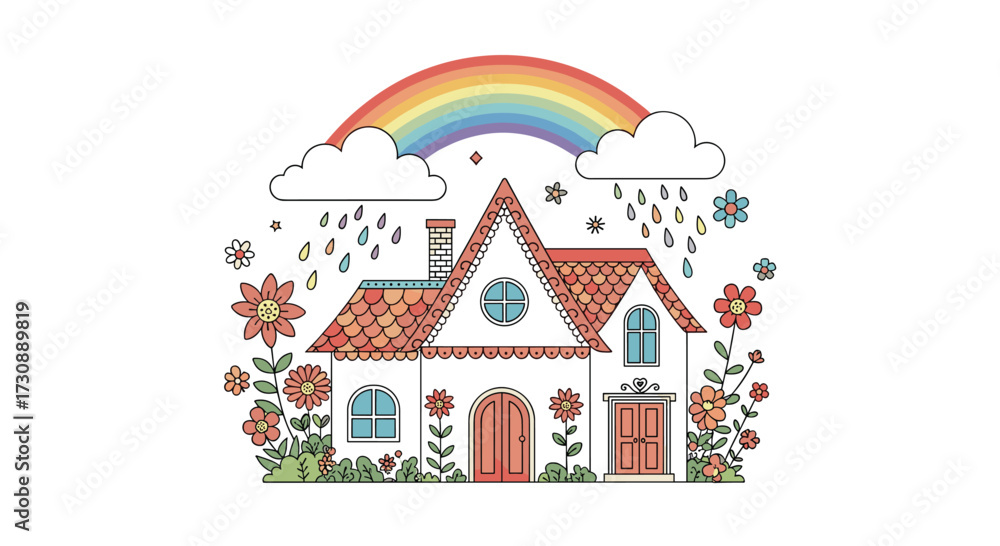 Fototapeta premium Charming cottage with rainbow and floral garden design.