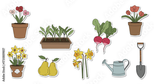 A charming collection of spring garden elements featuring blooming flowers and fresh produce for a vibrant outdoor season.