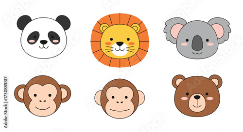 A delightful collection of cute animal faces including a panda a lion a koala two monkeys and a bear.