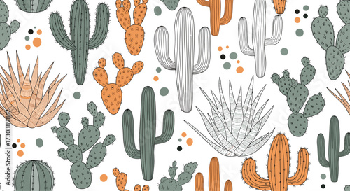 A delightful desert pattern featuring a variety of prickly pear and saguaro cacti.