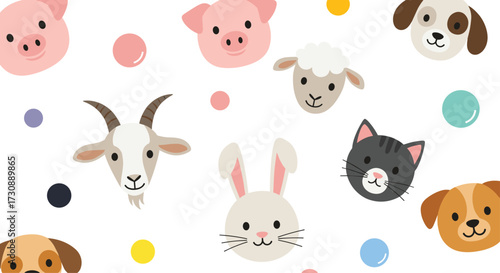 A charming collection of farm animals and playful dots adorn this whimsical design.