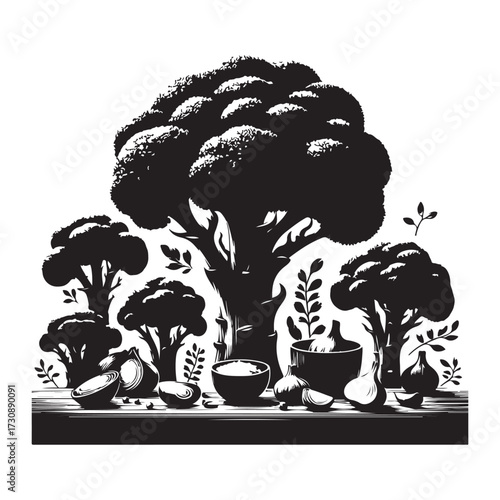 Broccoli  Silhouettes  of a white background