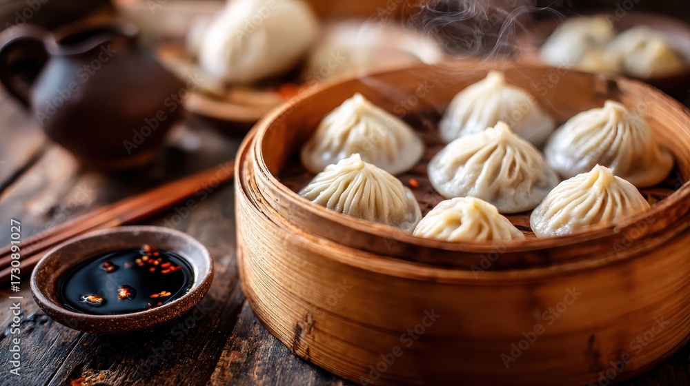 Fototapeta premium Steamed Delights: A close-up shot of freshly steamed dumplings, artfully arranged in a bamboo steamer with wooden chopstick and small bowl. a celebration of asian cuisine 