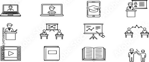 Business Training Related Line and solid Icons. online class, eLearning, Teacher, Class, Presentation, Video, Book, Mentoring icon set vector.