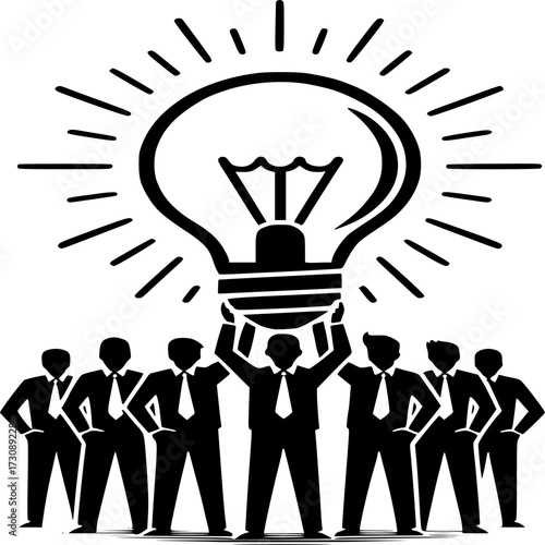 Illuminating Ideas: A team of dedicated professionals unites, holding a glowing lightbulb aloft, symbolizing innovation, strategy, and the collective brilliance of a unified purpose. 