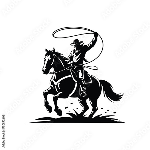 Dynamic silhouette of a cowboy on horseback with lasso