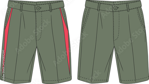 Technical Fashion Flat Drawing of Red Swim Shorts with a Navy Waistband and Side Panel, Featuring an Elastic Waist and Drawstring for Summer Beachwear Design Vector.