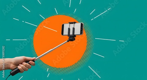 Hand Holding a Selfie Stick with Phone on Abstract Background