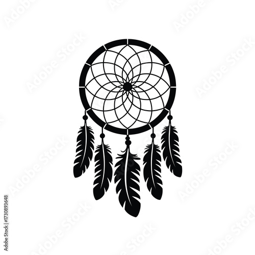 Intricate silhouette of a dreamcatcher with dangling feathers in a stylized design
