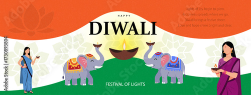 Happy Diwali | Indian Flag Themed Diwali Celebration Vector Illustration with Women, Elephants, and Diya