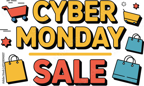 Exciting Cyber Monday Sale with shopping carts and bags, perfect for online retail promotions.