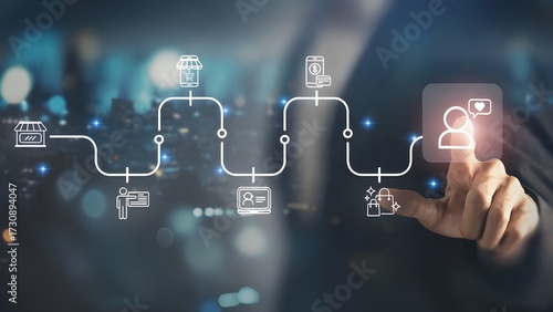 Customer experience journey map concept. Seamless customer experience. A visual representation of the customer journey from product discovery to purchase and engagement, featuring digital icons. 